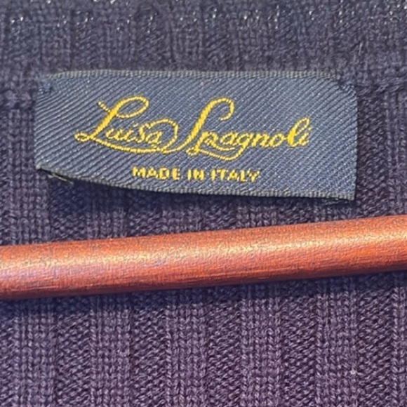 Luisa Spagnoli Navy Ribbed Fitted Knit Short Sleeve Sweater - Picture 6 of 7